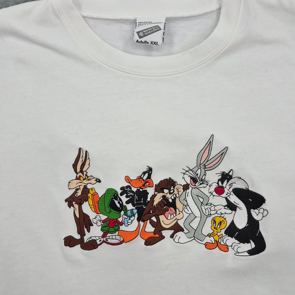 Vintage Warner Bros Studio Store Looney Tunes Embroidered White T-Shirt XXL - Picture 4 of 6